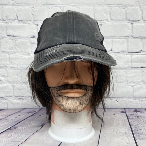 Pony Tail Women Hat Cap Strap Back Gray Distressed Mesh Back C.C. Ladies - Picture 1 of 9